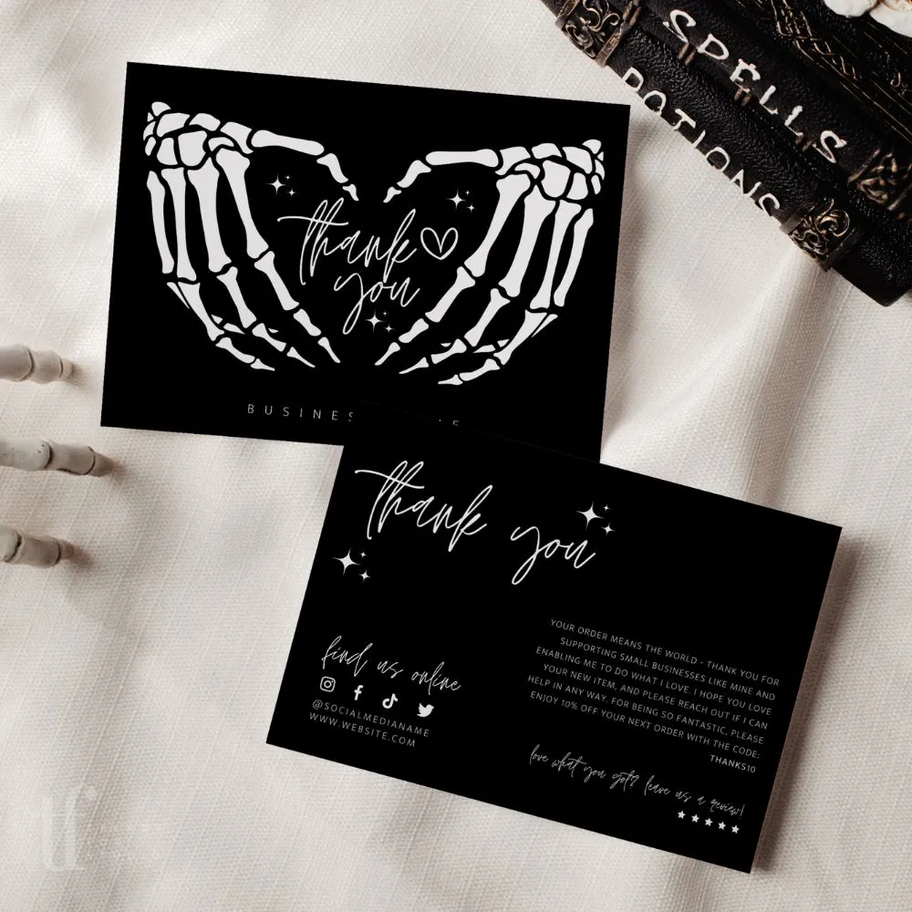 Black Gothic Halloween Business Thank You Card Canva Template | Skeleton Hands Spooky & Cute