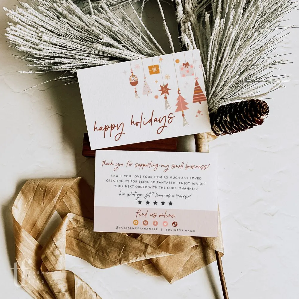 Boho Christmas Business Thank You Card Canva Template | Pastel Pink & Red