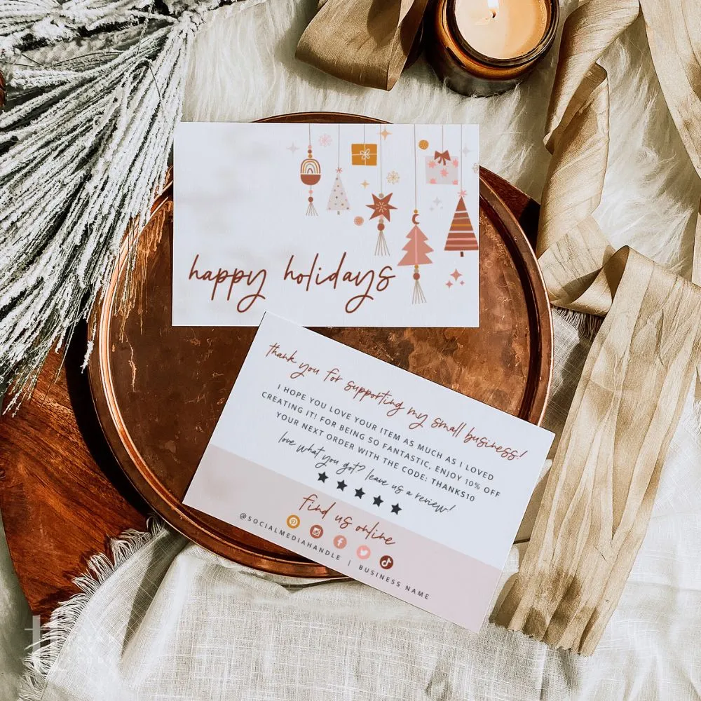 Boho Christmas Business Thank You Card Canva Template | Pastel Pink & Red