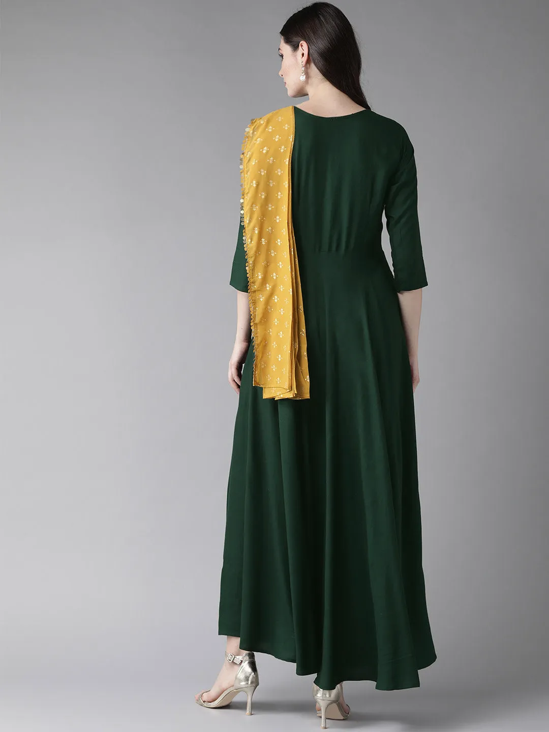 Green & Mustard Yellow Solid Maxi Dress With Attached Dupatta