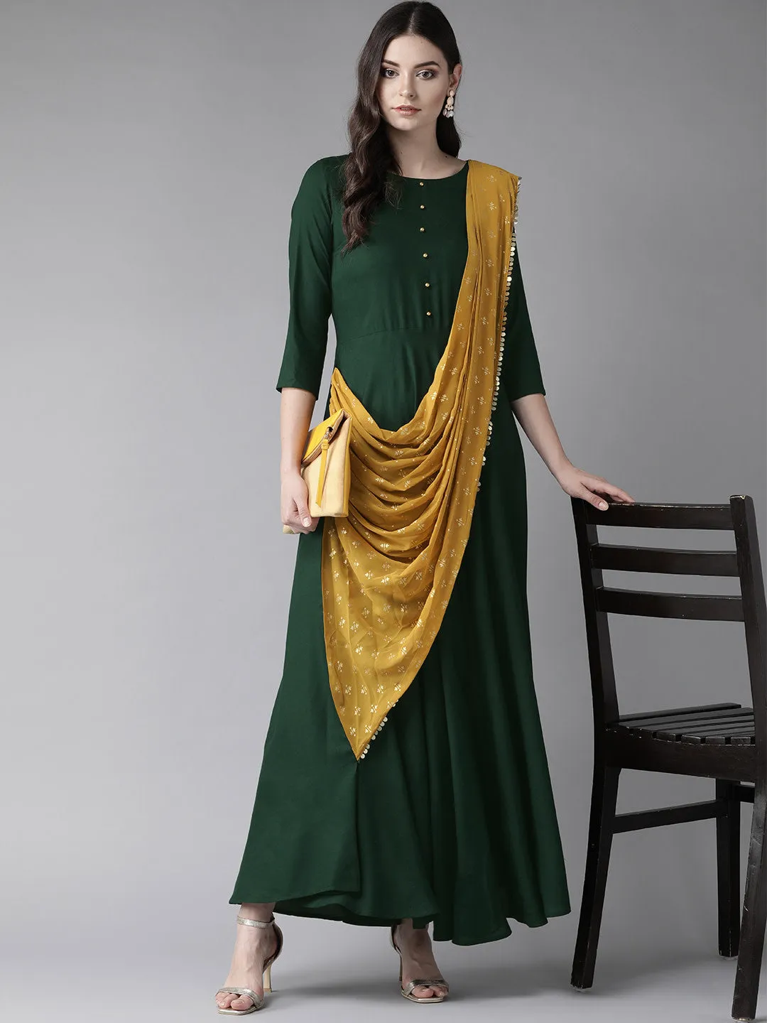 Green & Mustard Yellow Solid Maxi Dress With Attached Dupatta