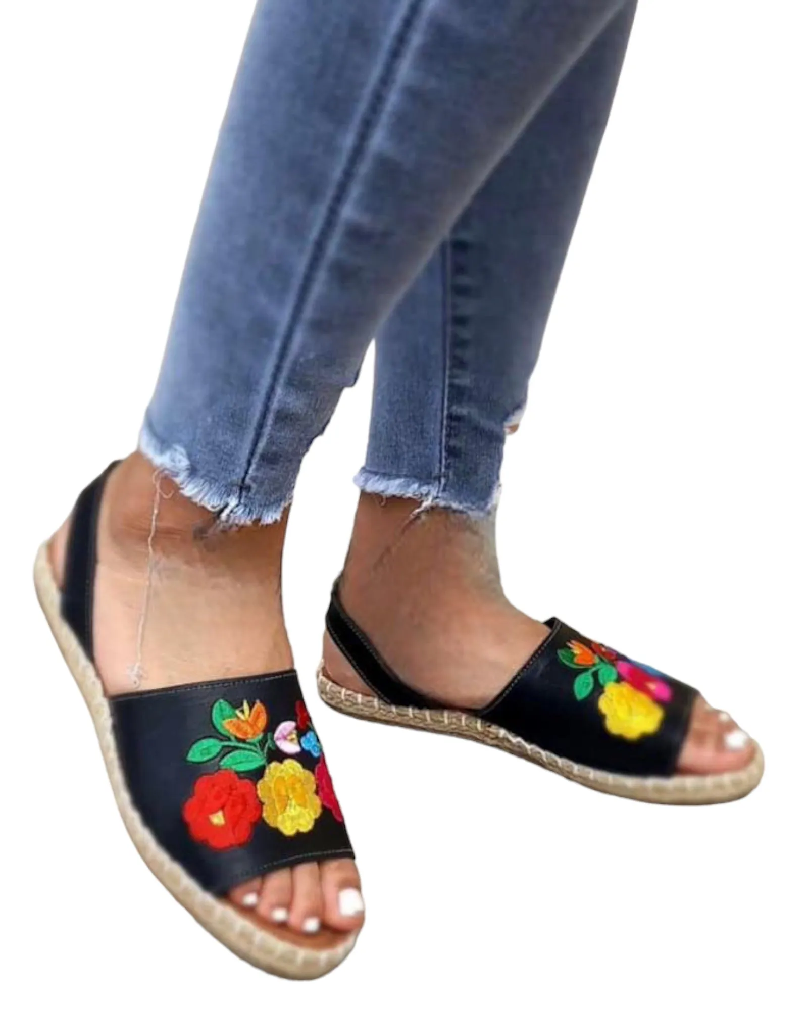 Jardin Black Leather Embroidered Sandals
