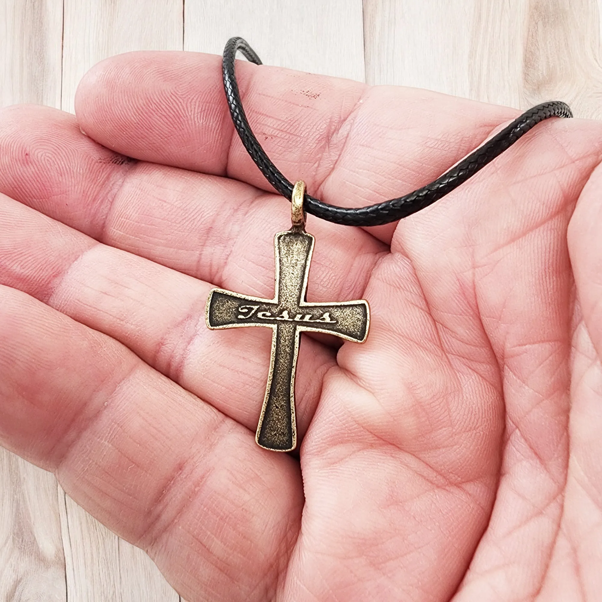 Jesus Cross Antique Brass Metal Finish Black Cord Necklace
