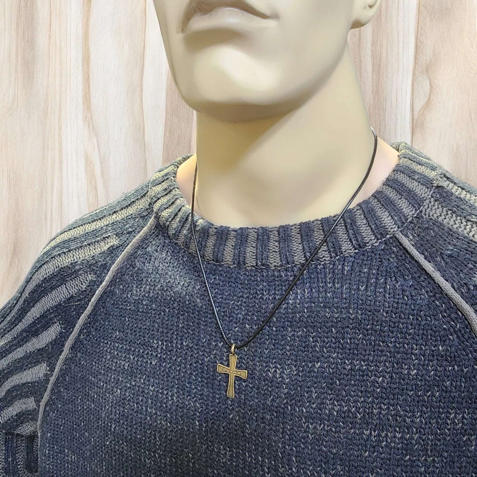Jesus Cross Antique Brass Metal Finish Black Cord Necklace