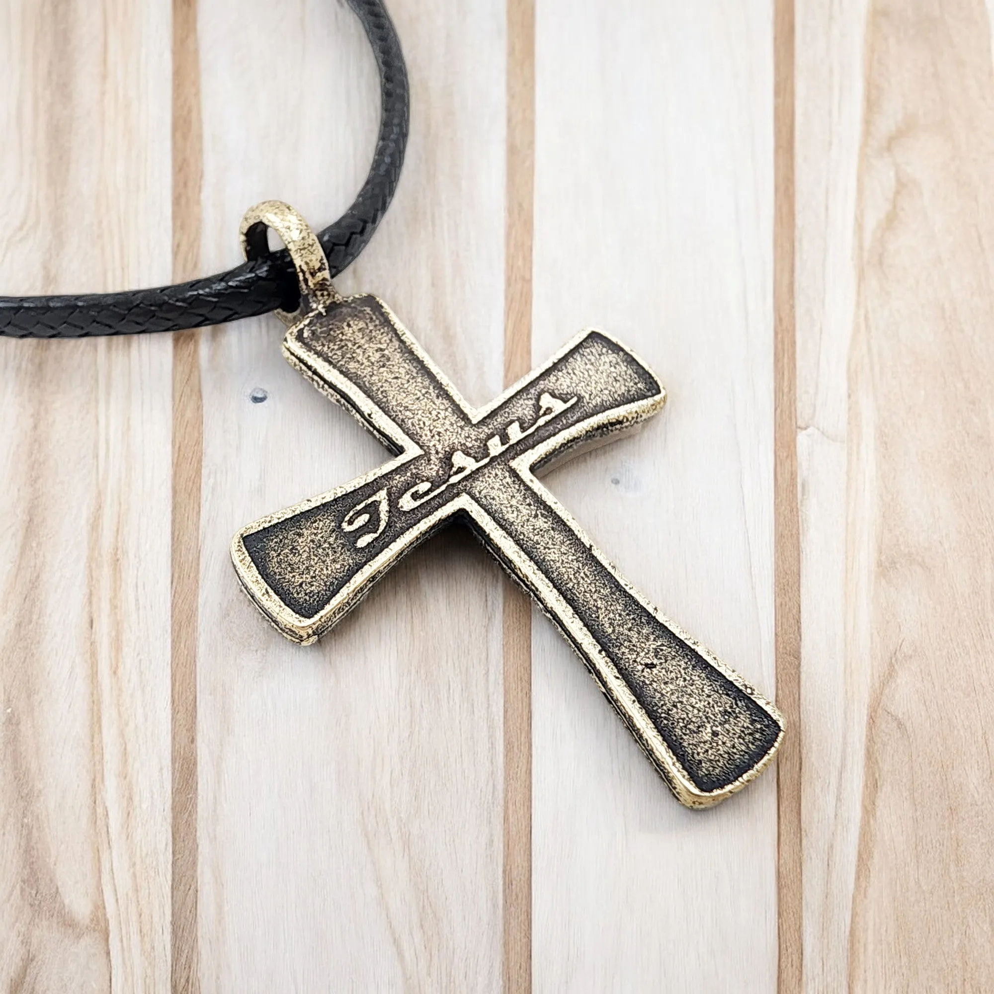 Jesus Cross Antique Brass Metal Finish Black Cord Necklace