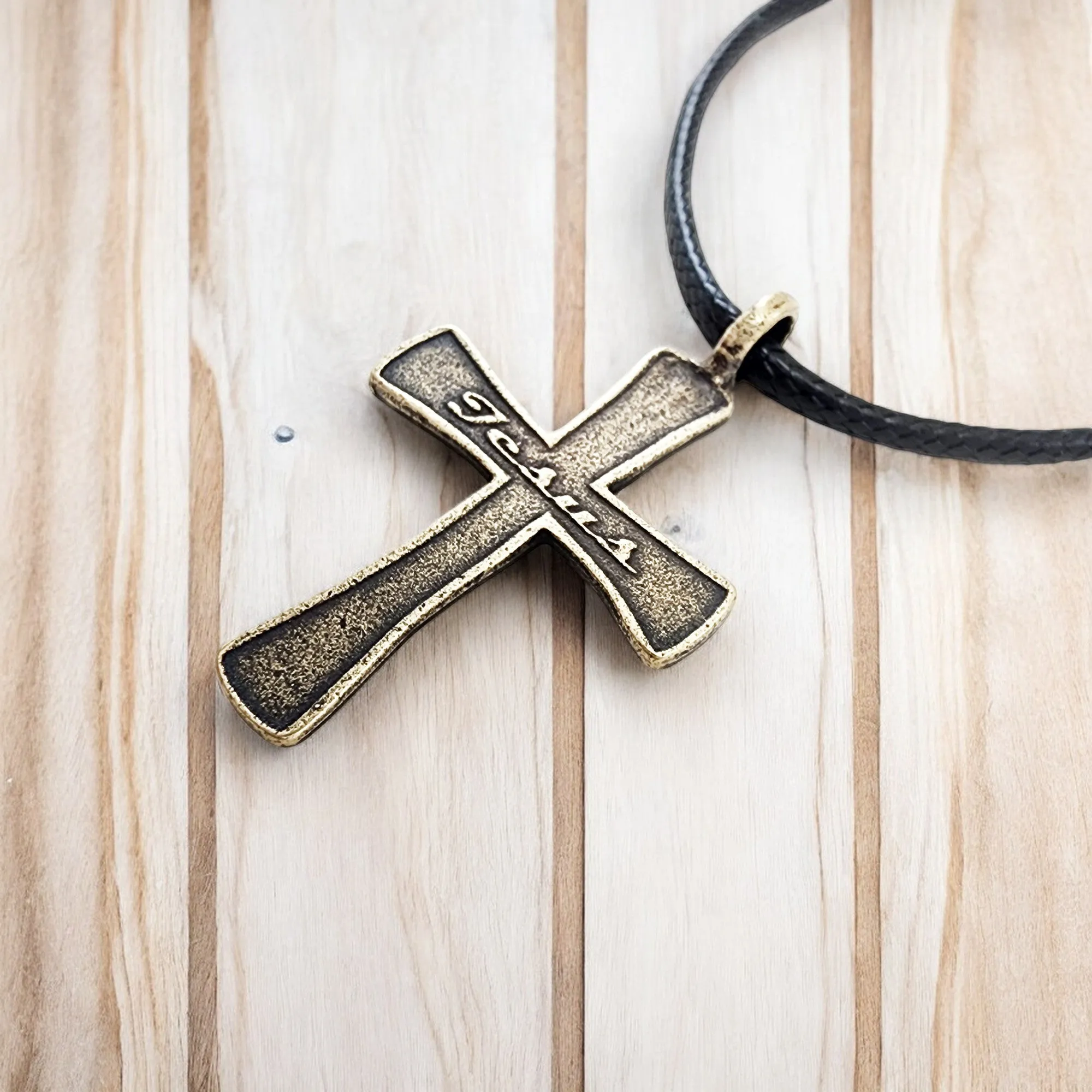 Jesus Cross Antique Brass Metal Finish Black Cord Necklace