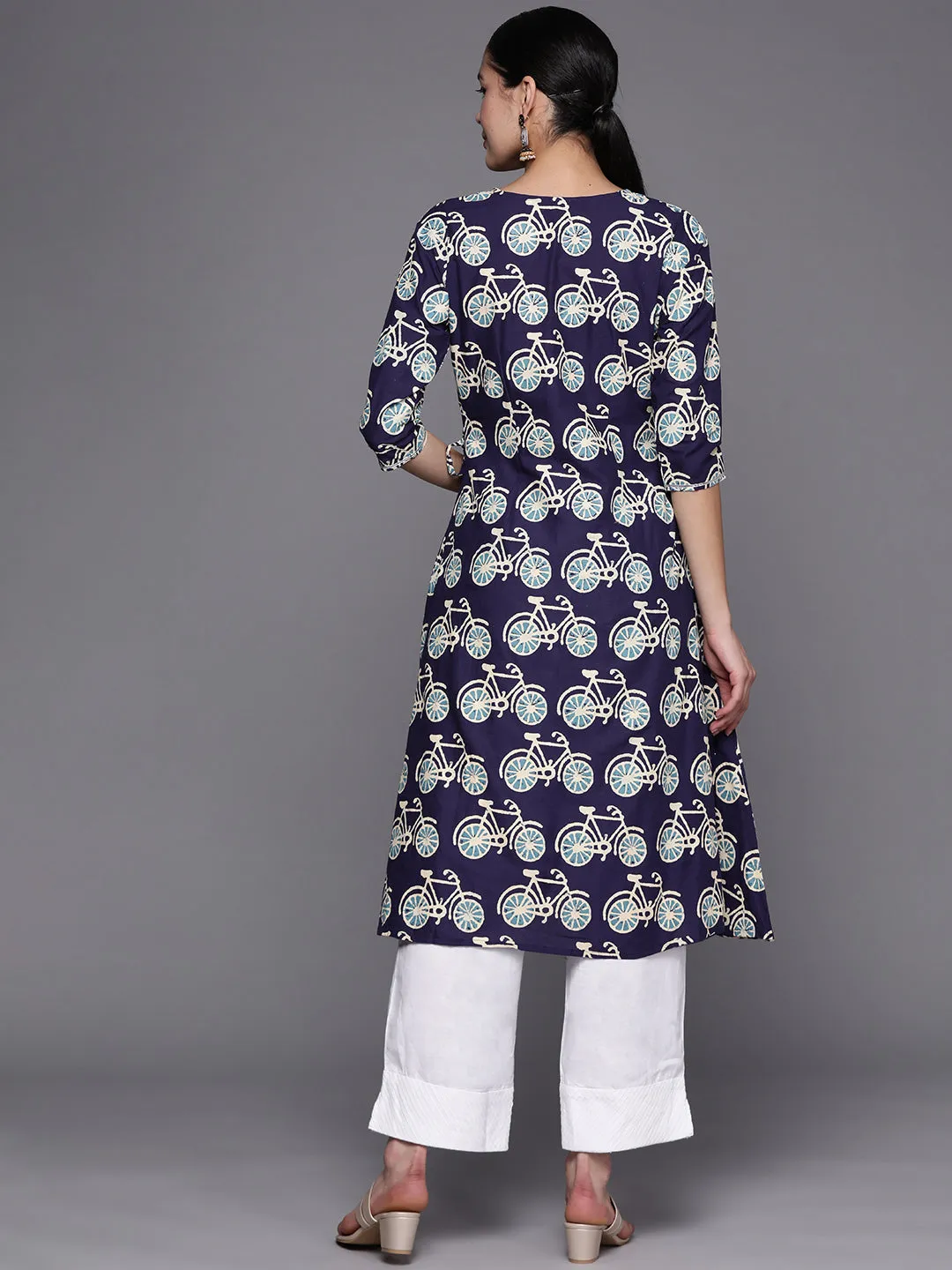 Navy Blue & Off White Pure Cotton Printed Angrakha Kurta