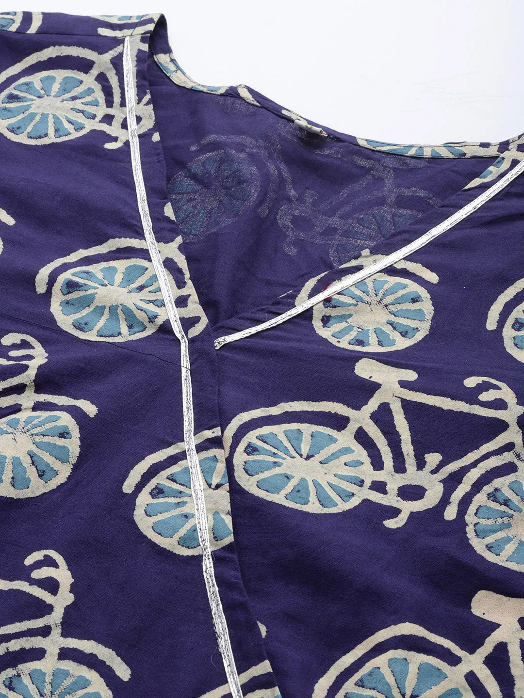 Navy Blue & Off White Pure Cotton Printed Angrakha Kurta