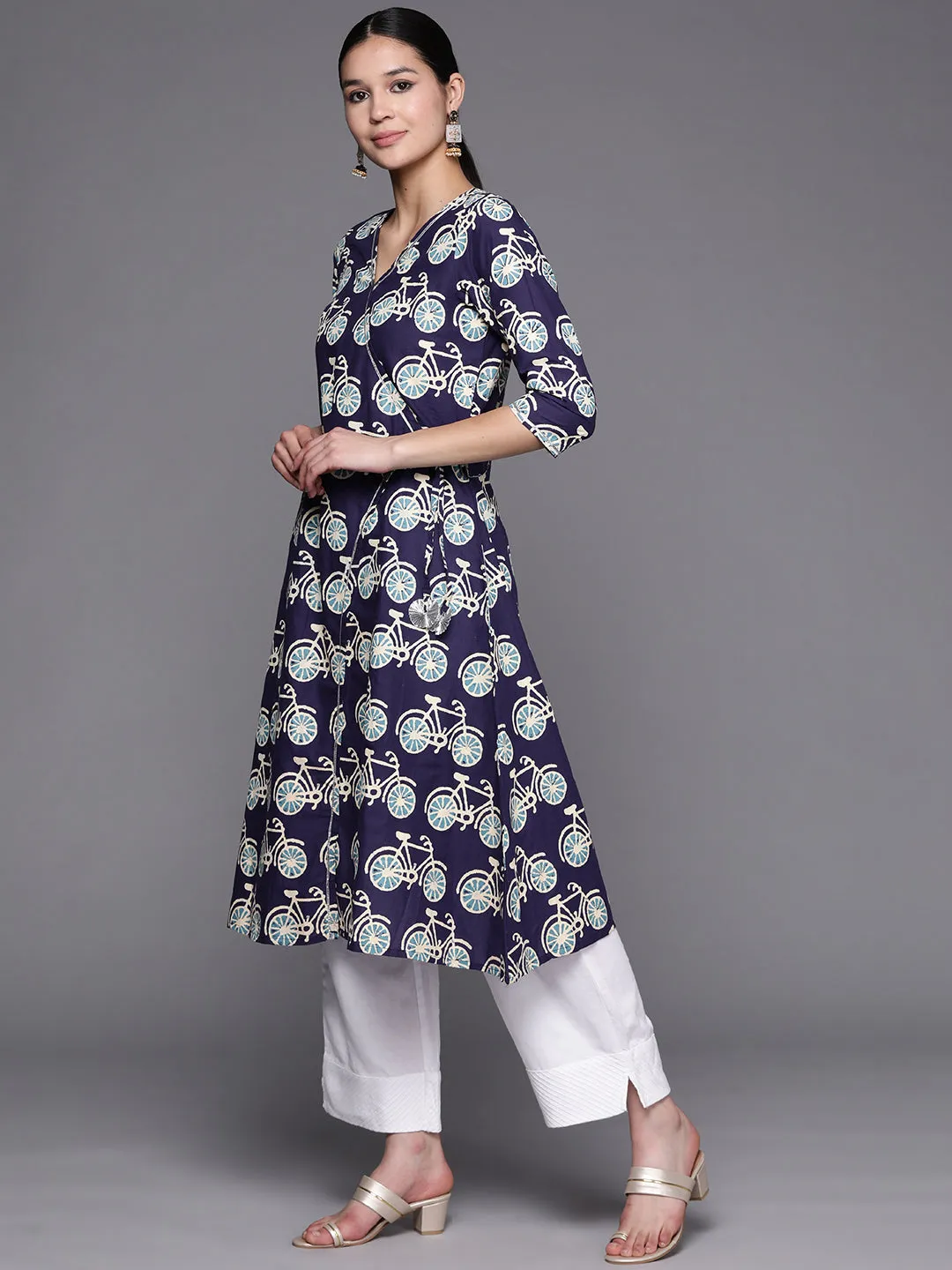 Navy Blue & Off White Pure Cotton Printed Angrakha Kurta