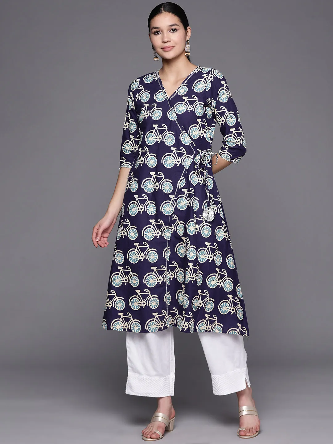 Navy Blue & Off White Pure Cotton Printed Angrakha Kurta