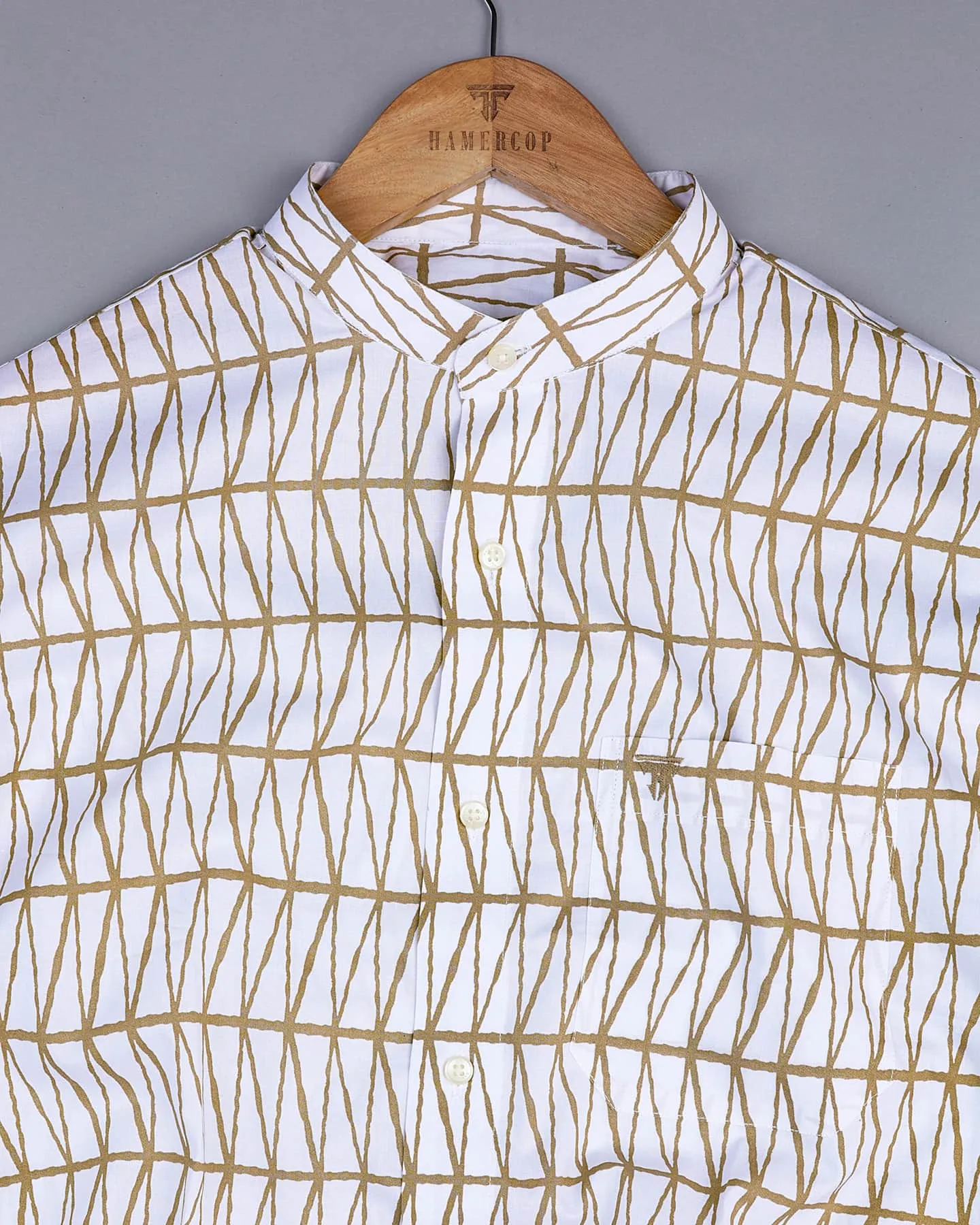 Sand Cream Geometrical Poplin Print Cotton Shirt